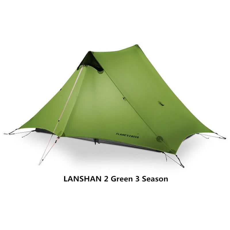 Green camping tent with 'Flame Creek' branding on a white background