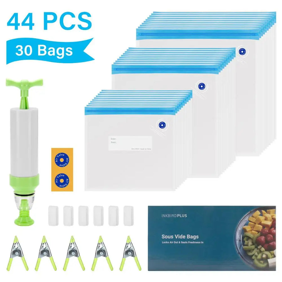Sous vide bag set with pump, clips, and packaging on a white background