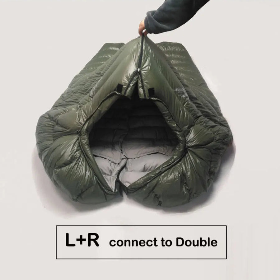 Green sleeping bag with a person holding it open on a white background