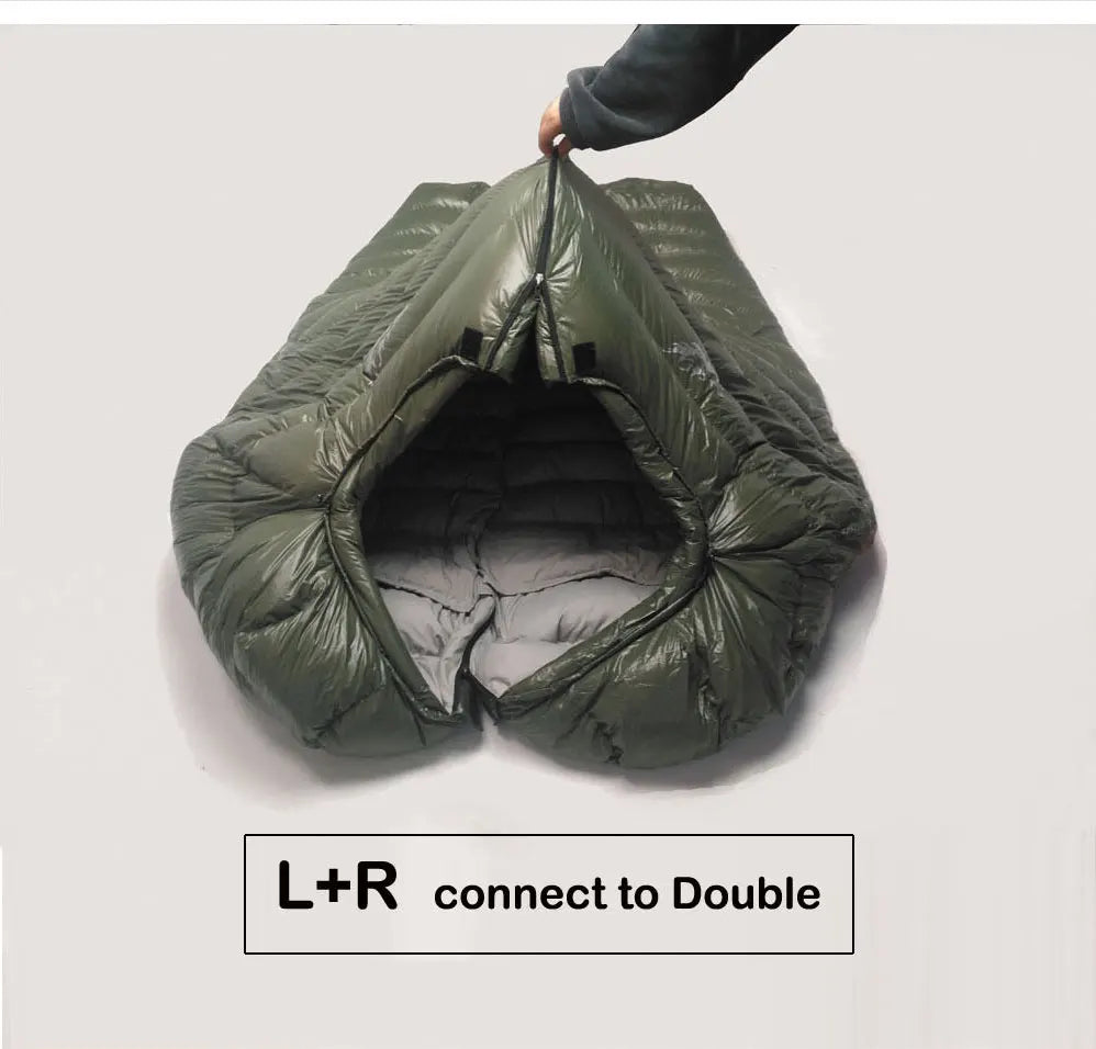 Green sleeping bag with a person holding it open on a white background
