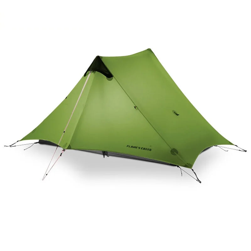 Green tent with black accents on a white background