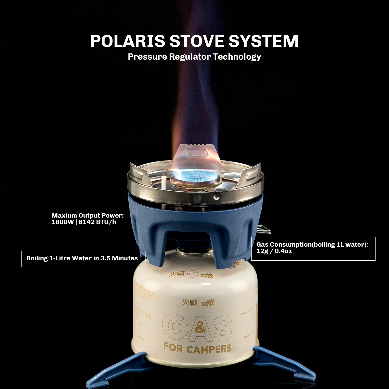 Polaris stove system with flame and technical specifications on a black background