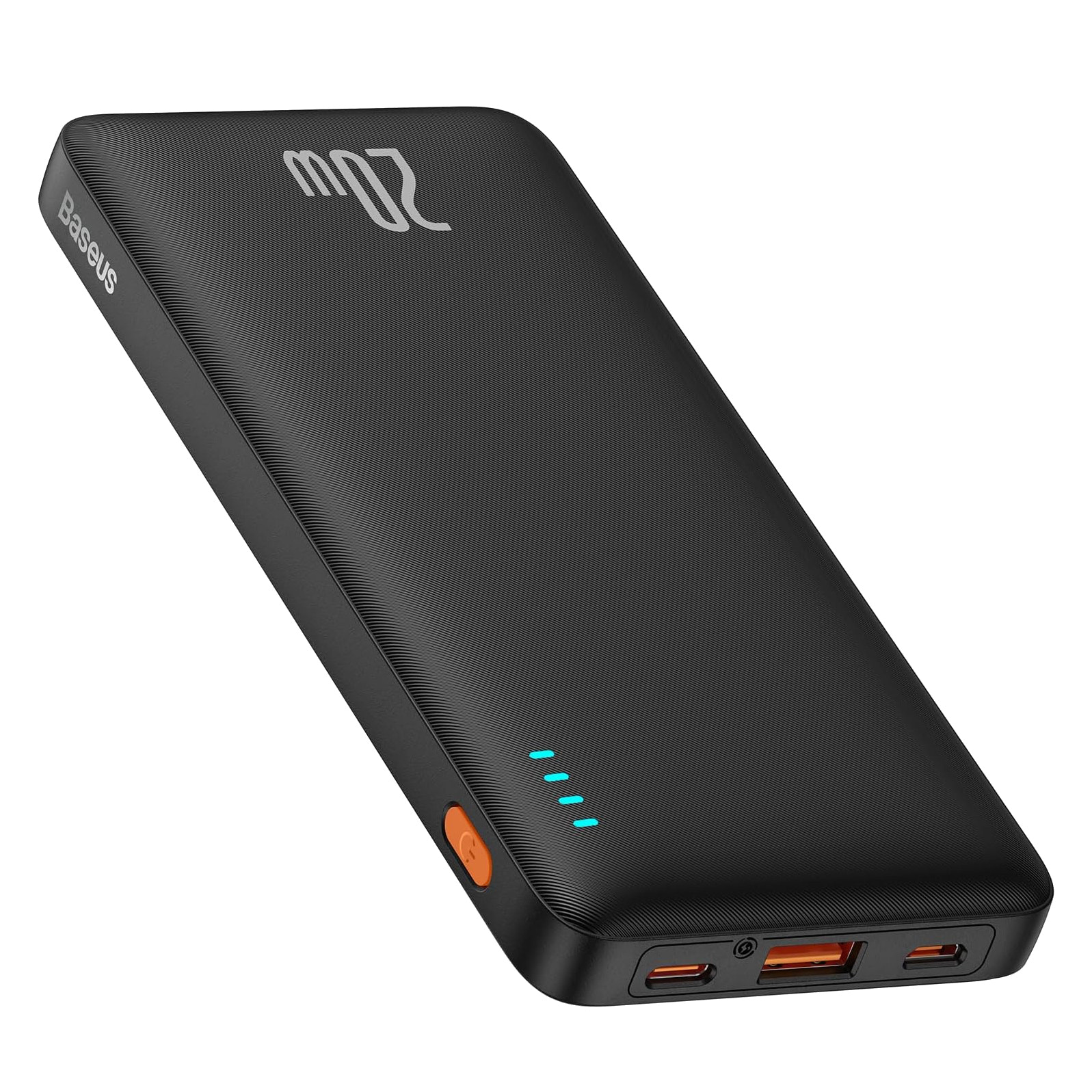 Black power bank with multiple ports on a white background