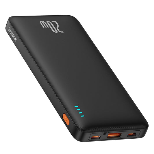 Black power bank with multiple ports on a white background