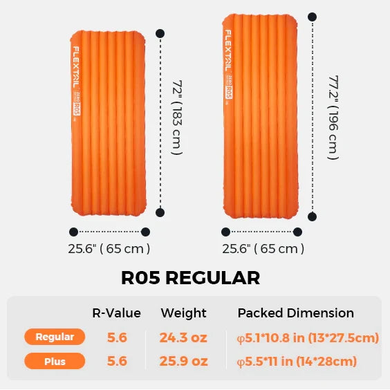 Orange inflatable mattress with dimensions and specifications on a white background