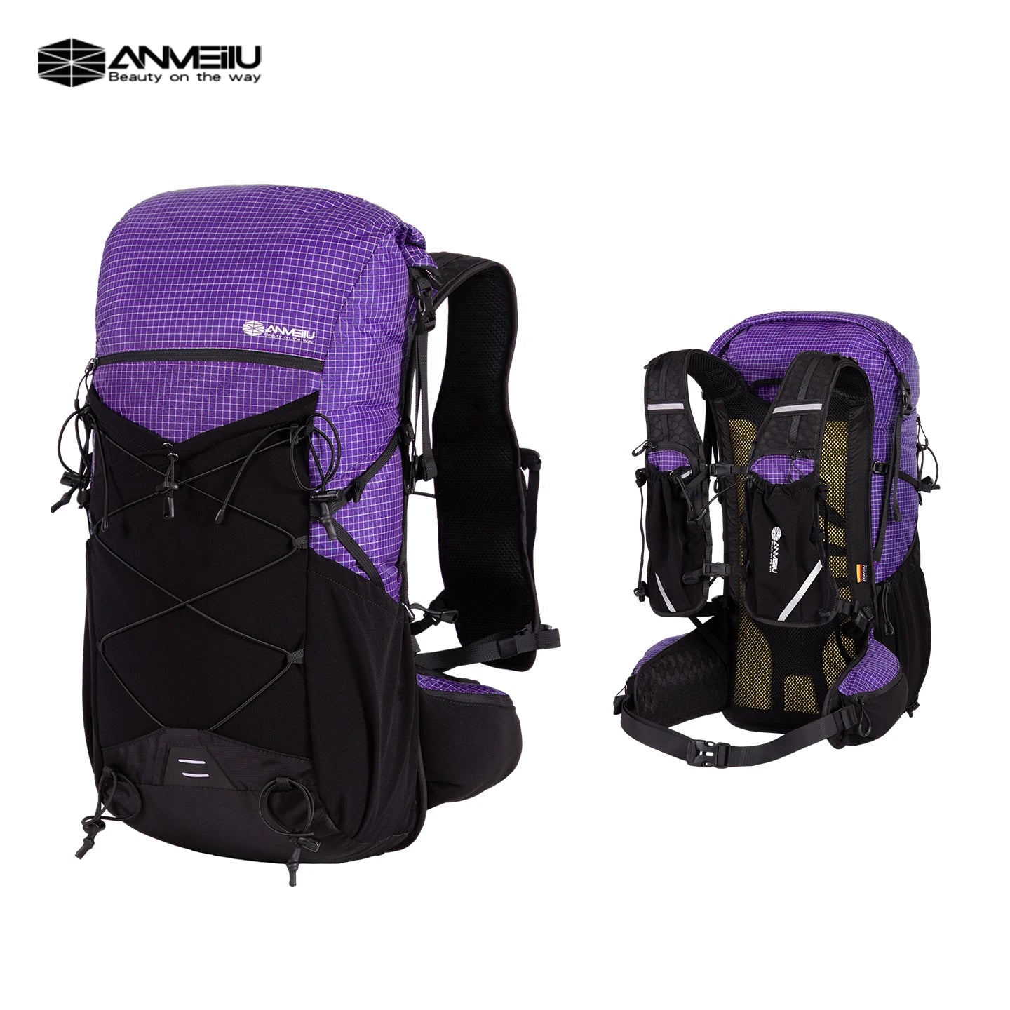 Purple and black backpack with Anmeilu logo on a white background