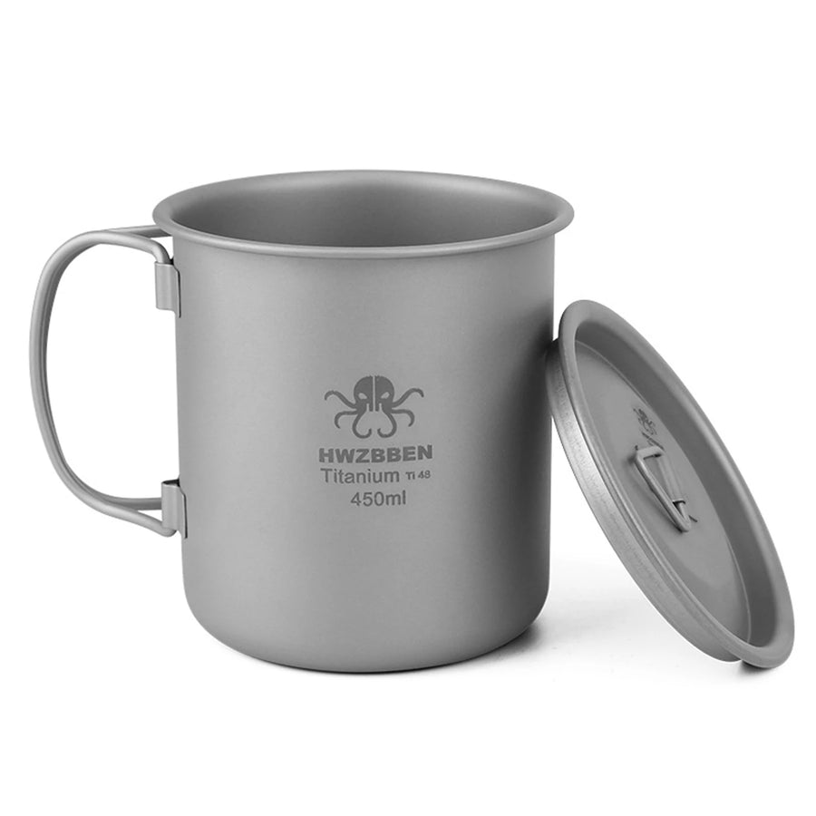 Gray titanium mug with lid on a white background
