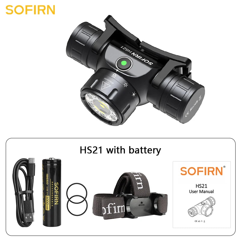 SOFIRN HS21 headlight with battery and accessories on a white background