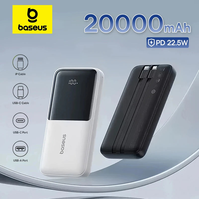 Baseus power bank with 20000mAh capacity on a light gray background