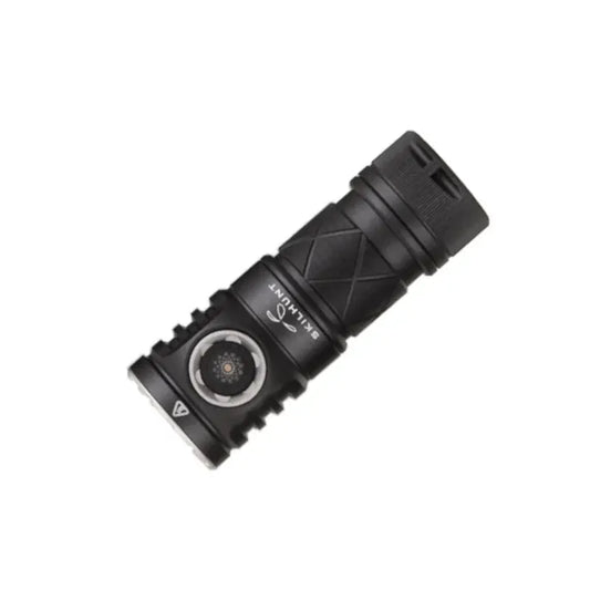 Black flashlight with brand logo on a white background