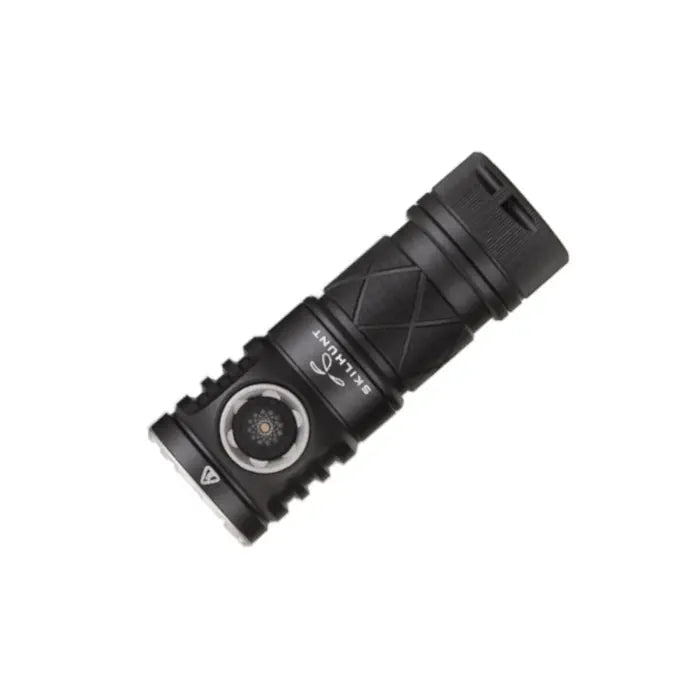 Black flashlight with brand logo on a white background