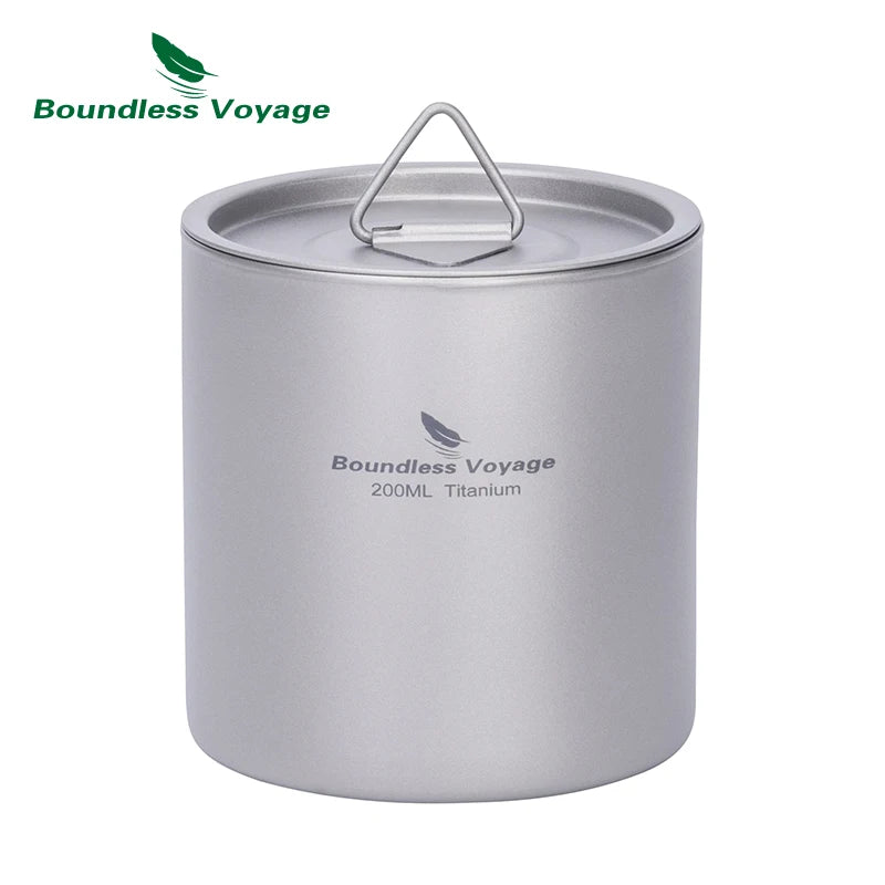 Titanium mug with lid on a white background, featuring 'Boundless Voyage' branding.