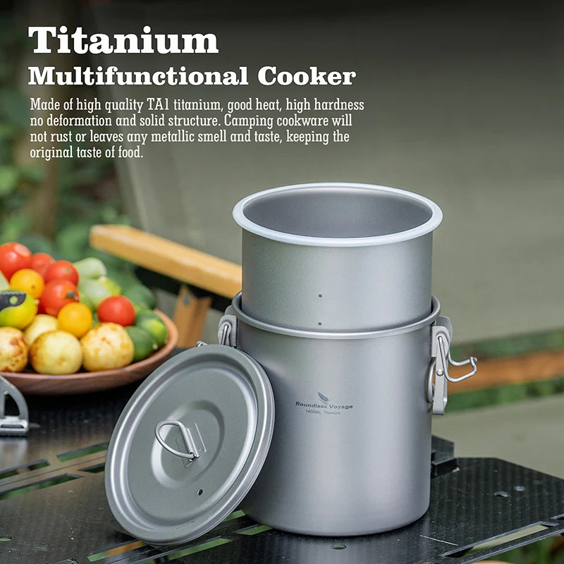 Titanium multifunctional cooker with fruits and vegetables on a table