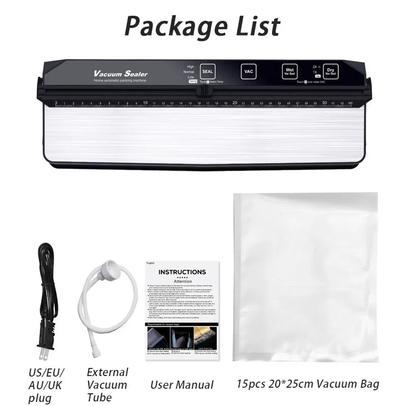 Vacuum sealer package list with vacuum sealer, external vacuum tube, user manual, and vacuum bags on a white background.