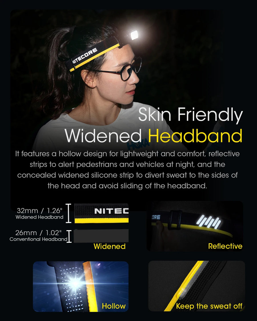 Person wearing a headband with a light, text about the headband's features, and NITECORE branding.