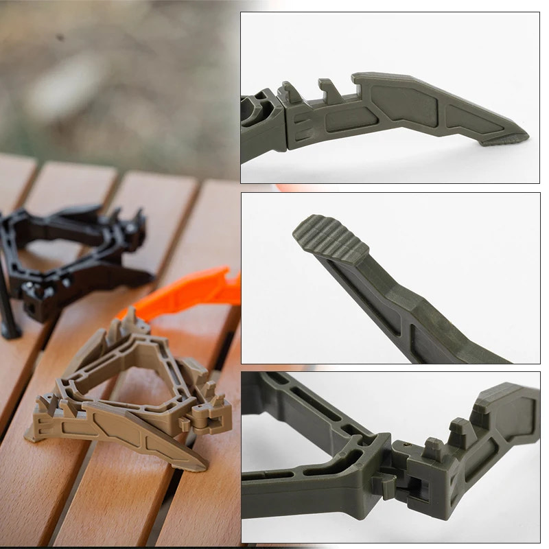 Collage of multiple views of a tactical tool on a wooden surface and white background.