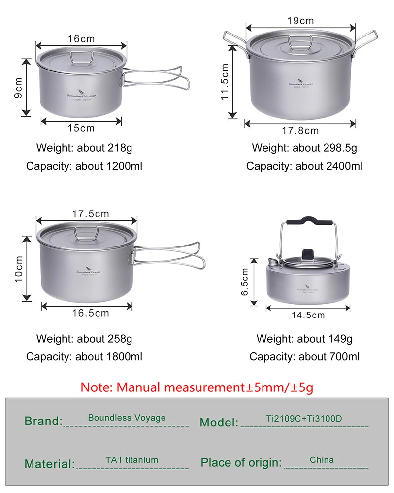 Measurement chart of different sizes and weights of titanium cookware with dimensions and capacities.