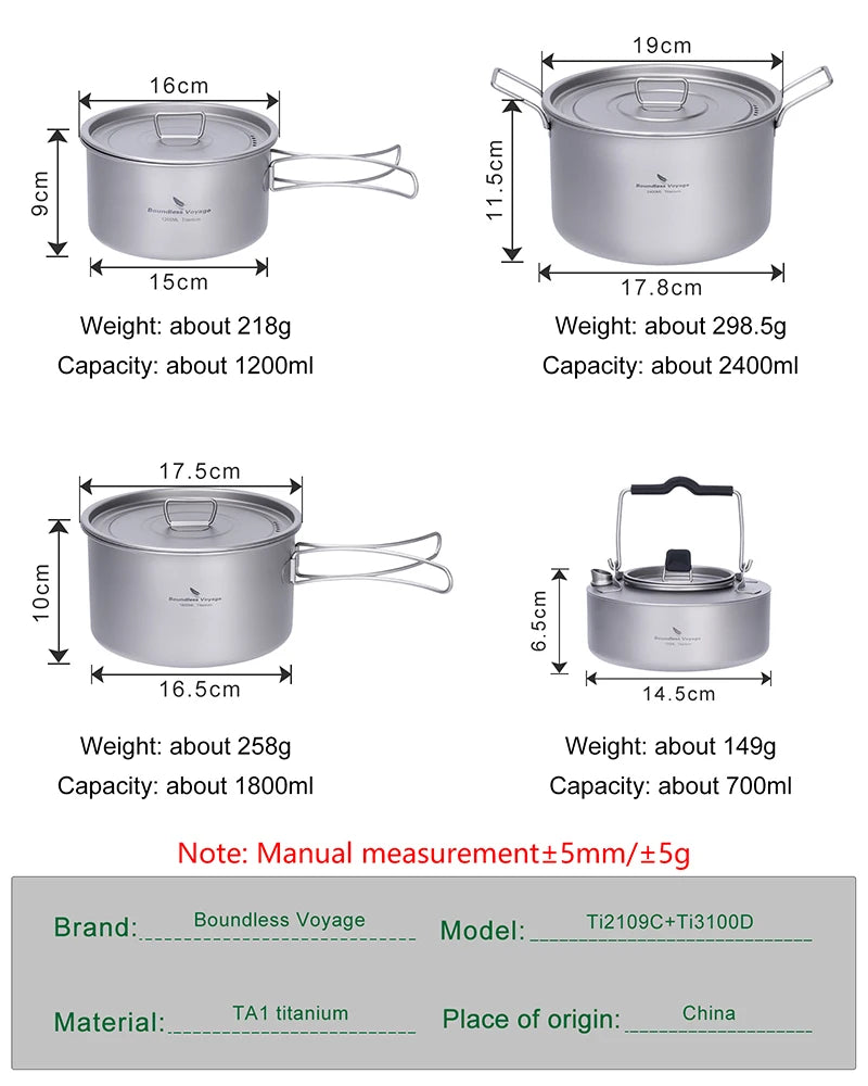 Measurement chart of different sizes and weights of titanium cookware with dimensions and capacities.