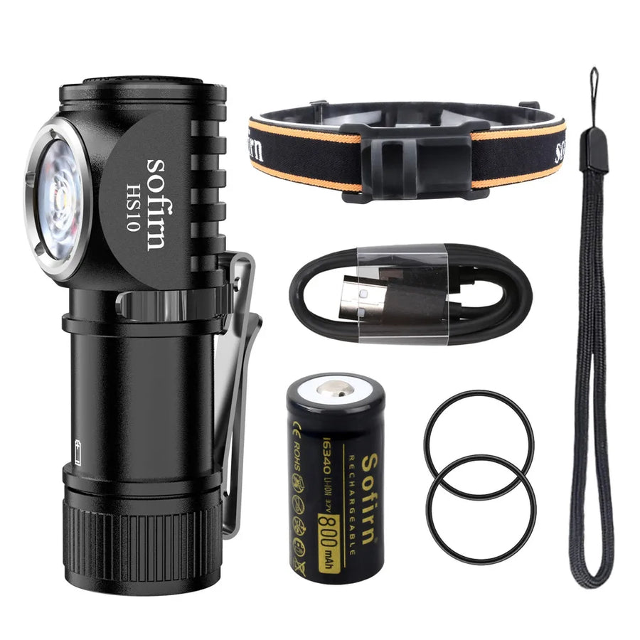Black flashlight set with headband, USB cable, battery, and lanyard on a white background