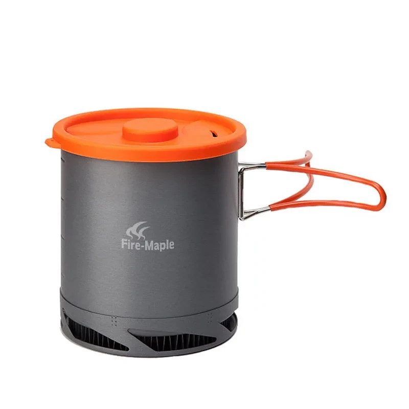 Gray camping pot with orange lid and handle on a white background