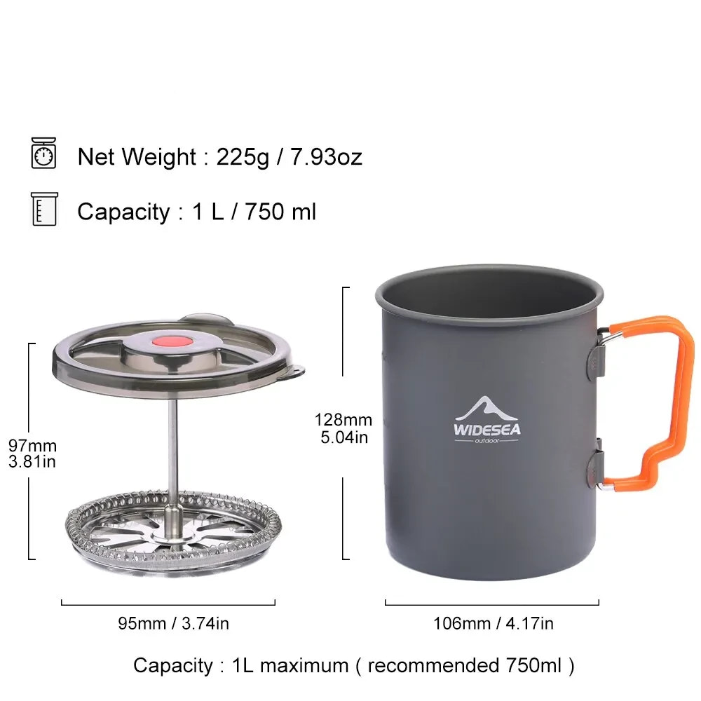 Camping mug with handle and measuring components, showing weight, capacity, and dimensions.
