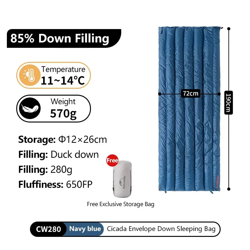 Navy blue sleeping bag with specifications on a white background