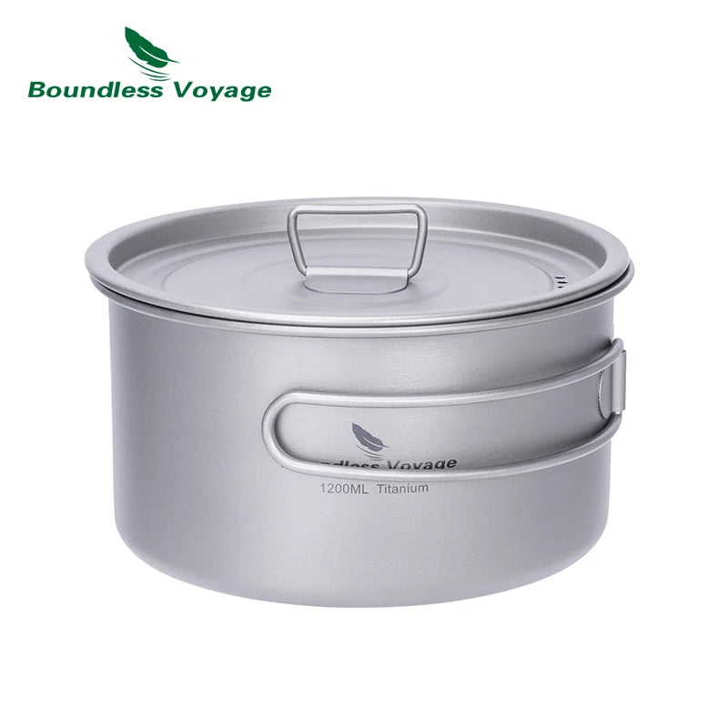 Titanium cookware set with lid on a white background, featuring Boundless Voyage branding.