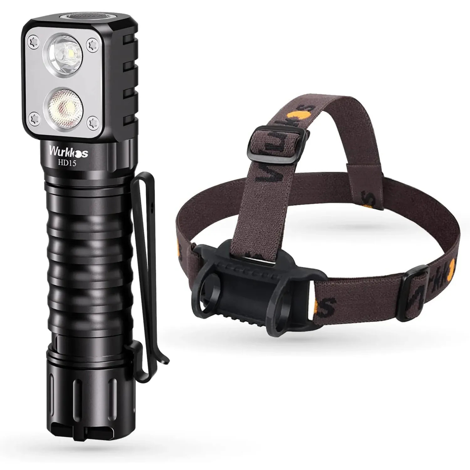Black flashlight and headlamp set on a white background