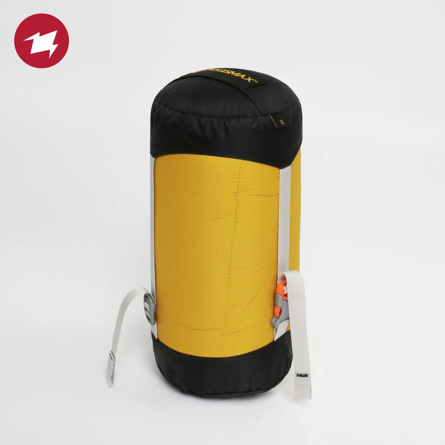 Yellow and black compression sack with a brand logo on a white background