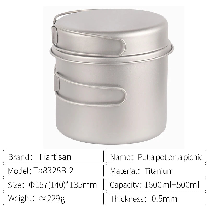Titanium pot with lid on a white background, featuring product details.