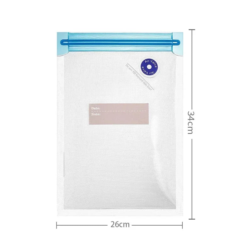 Clear zipper bag with blue zipper and dimensions labeled on a white background