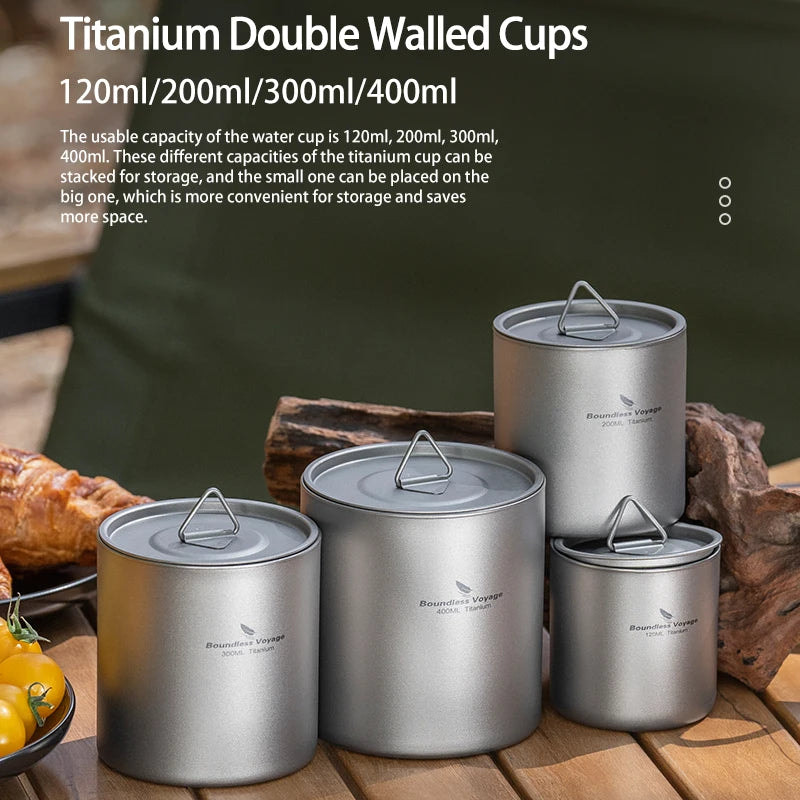 Set of titanium double-walled cups on a wooden surface with text detailing capacity options.
