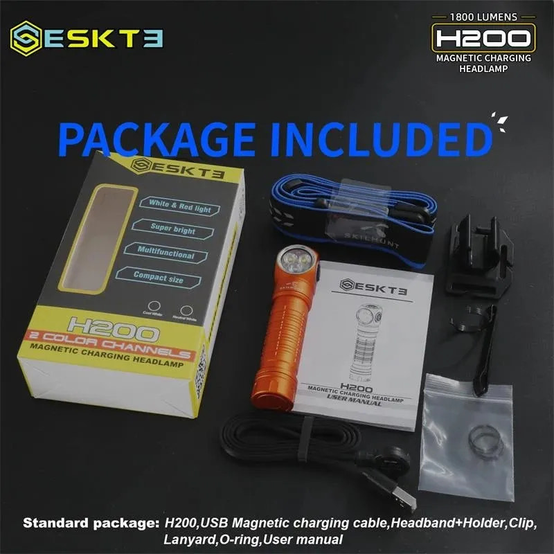 Eskt3 H200 magnetic charging headlamp package with box, cable, and accessories on a black background.