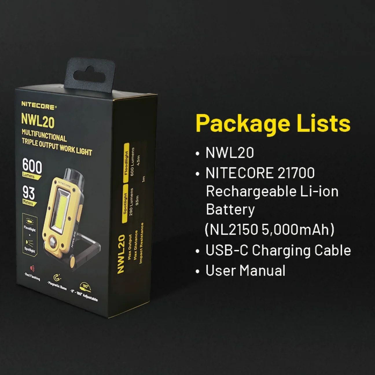 NITECORE NWL20 work light packaging with product details on a black background