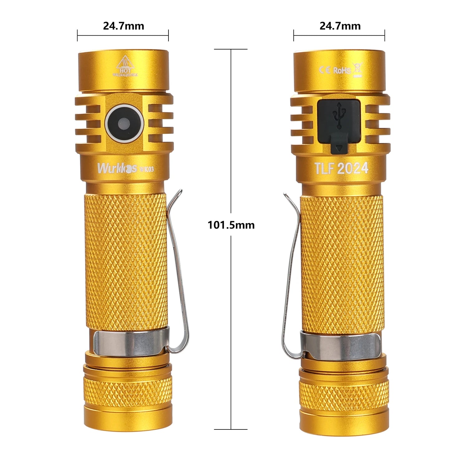 Gold flashlight with dimensions labeled on a white background