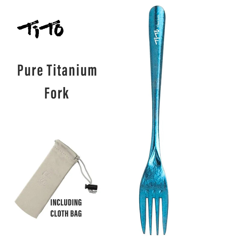 Blue titanium fork with Tito branding on a white background