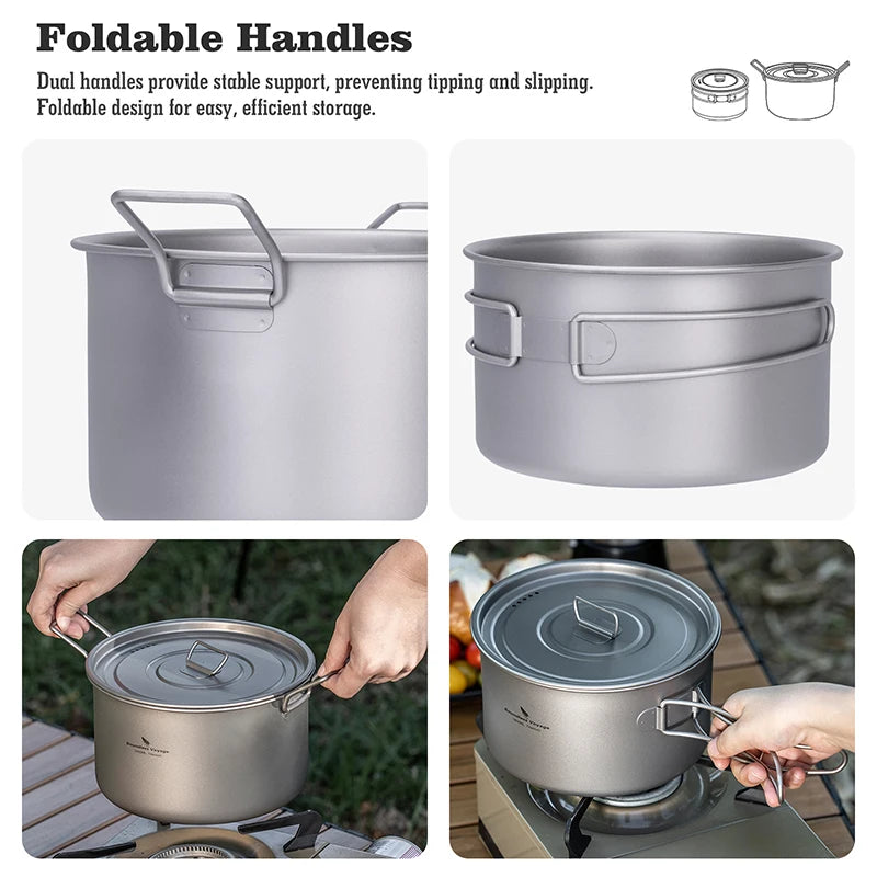 Foldable handles on a camping pot with usage examples and text about stability and storage.