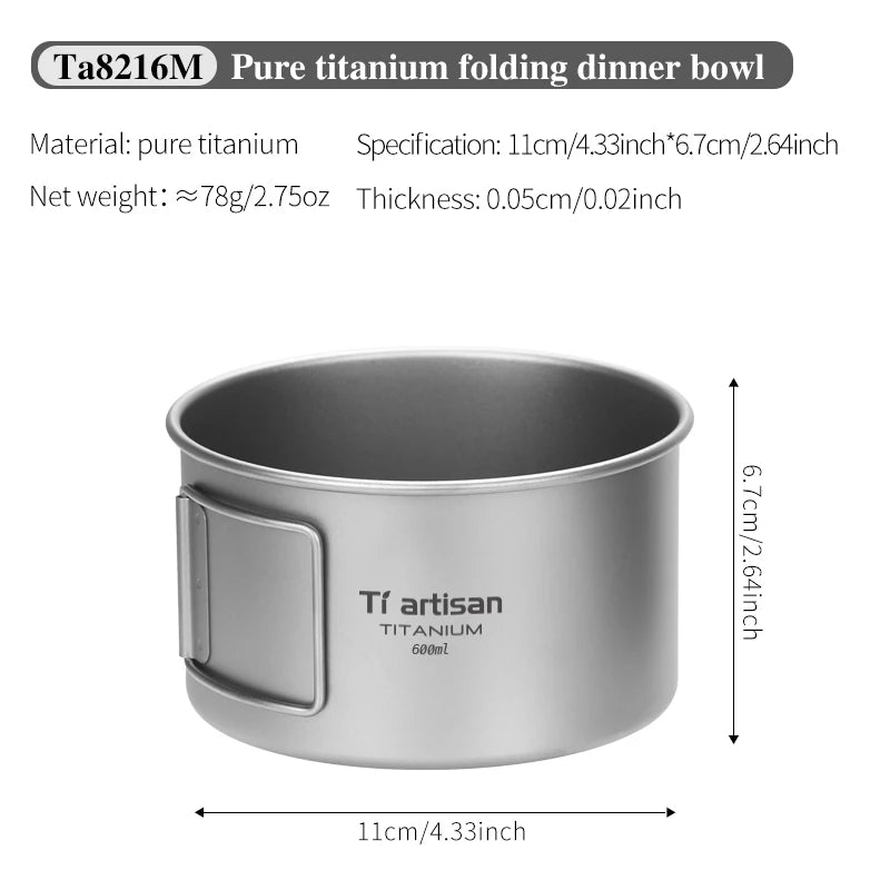 Pure titanium folding dinner bowl with dimensions and material details on a white background