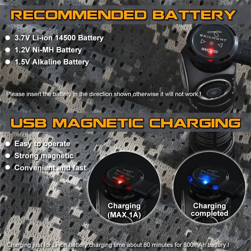Product with USB magnetic charging feature and recommended battery types on a textured background