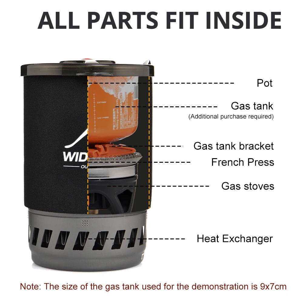 Diagram of a portable stove system with labeled parts on a white background