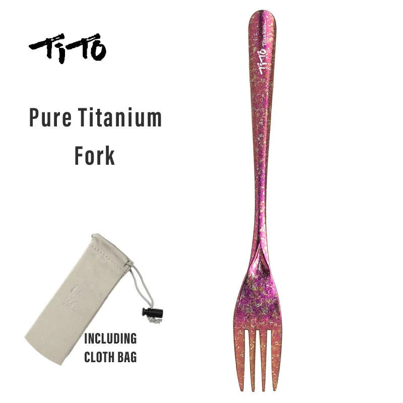 Pure Titanium Fork with pink and purple pattern on a white background, including a cloth bag.