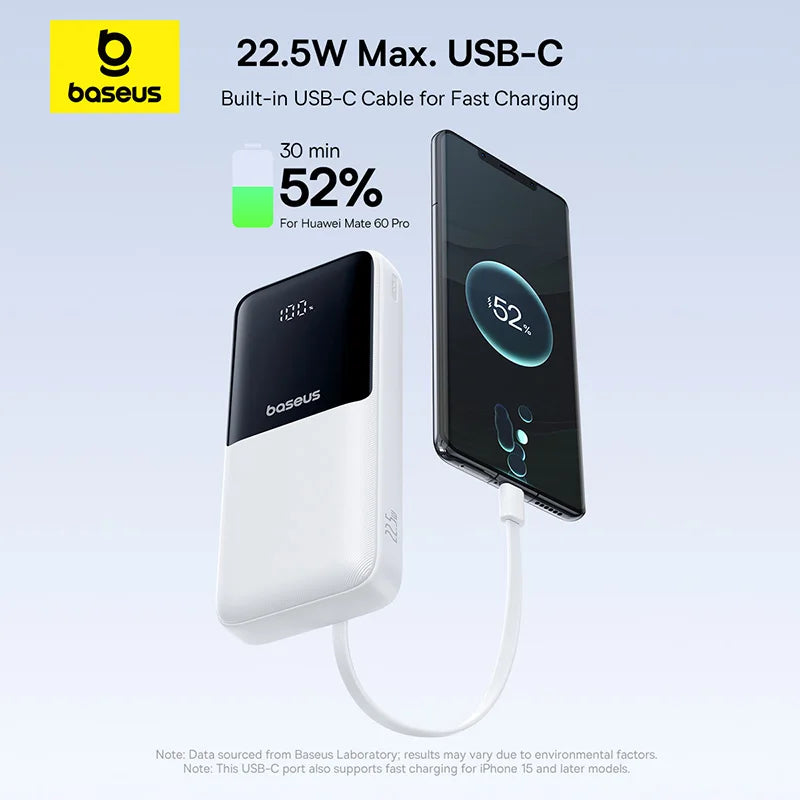 Baseus USB-C power bank with smartphone showing charging progress on a light blue background