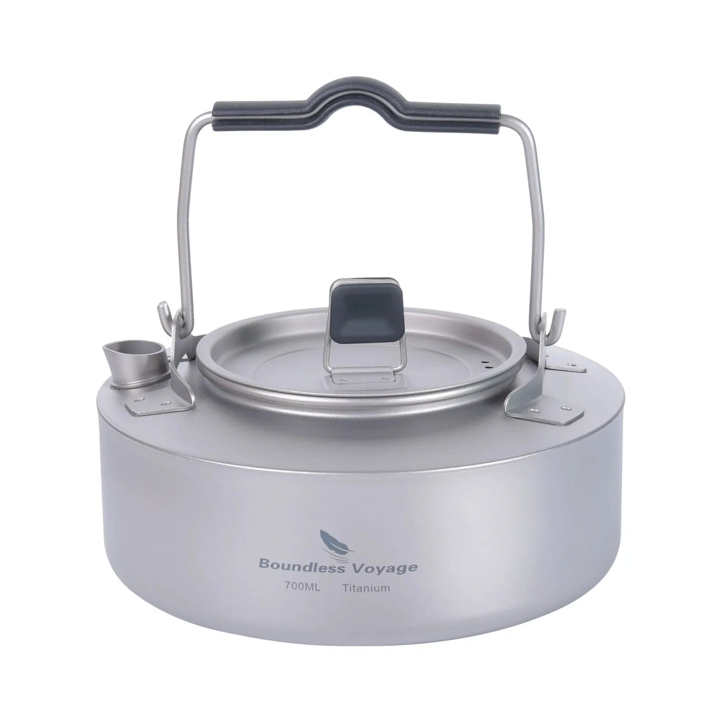 titanium camping kettle with handle on a white background, featuring 'Boundless Voyage' branding.