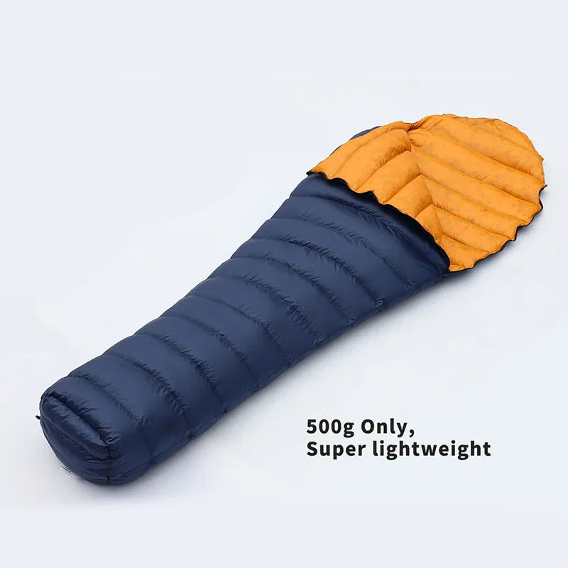 Blue and orange sleeping bag with text on a light gray background