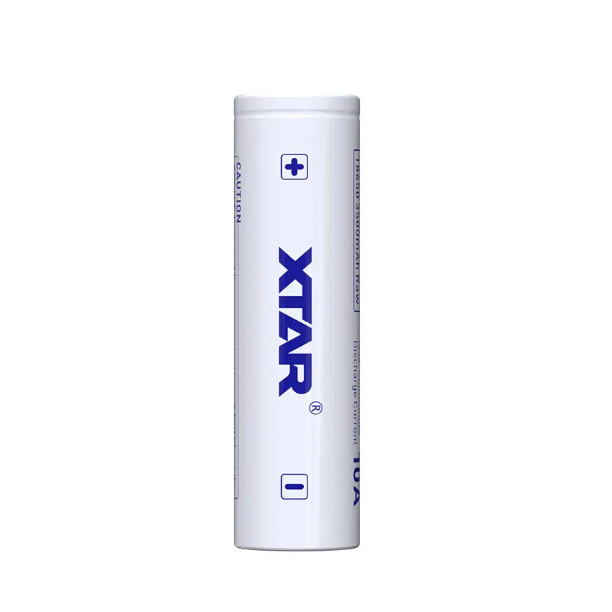 White cylindrical battery with 'XTAR' branding on a white background