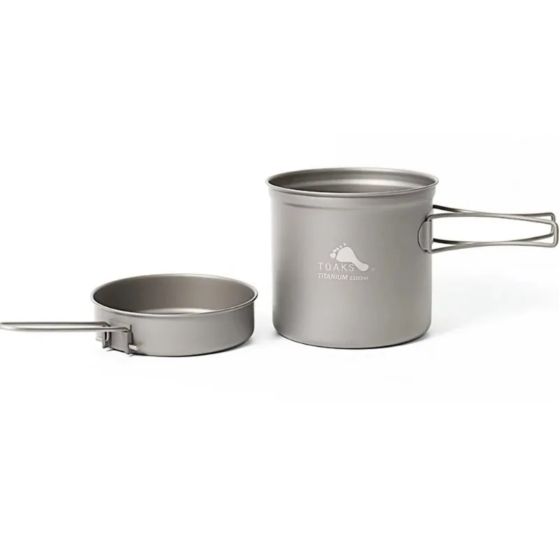 Two metallic camping pots with a brand logo on a white background