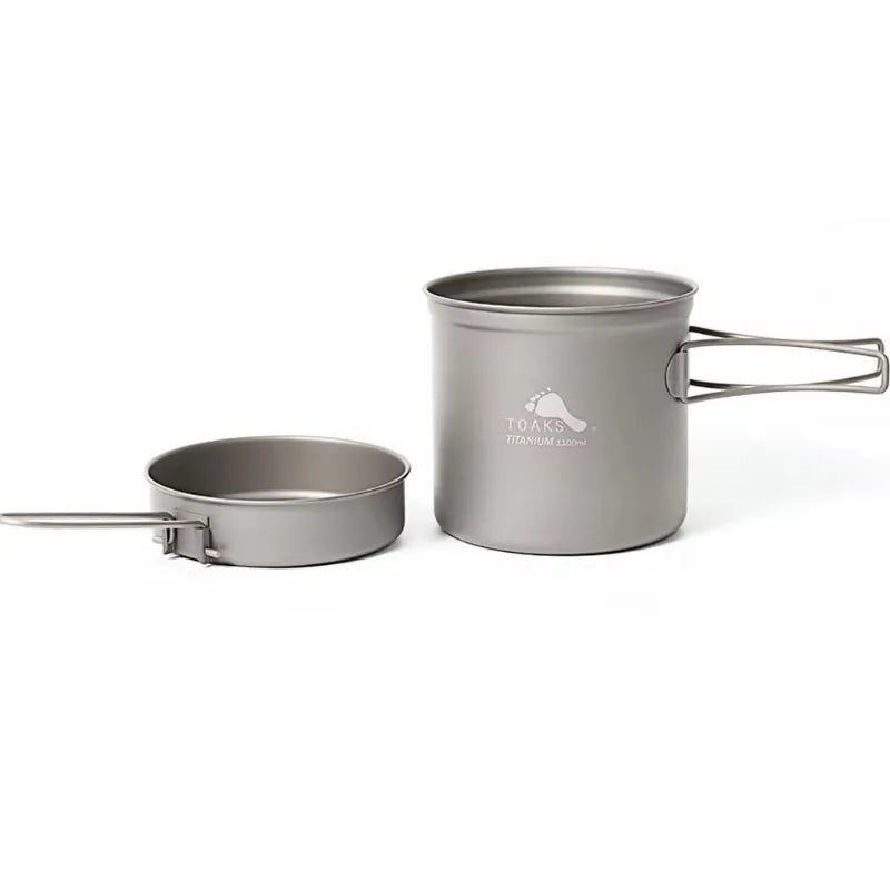 Two metallic camping pots with a brand logo on a white background
