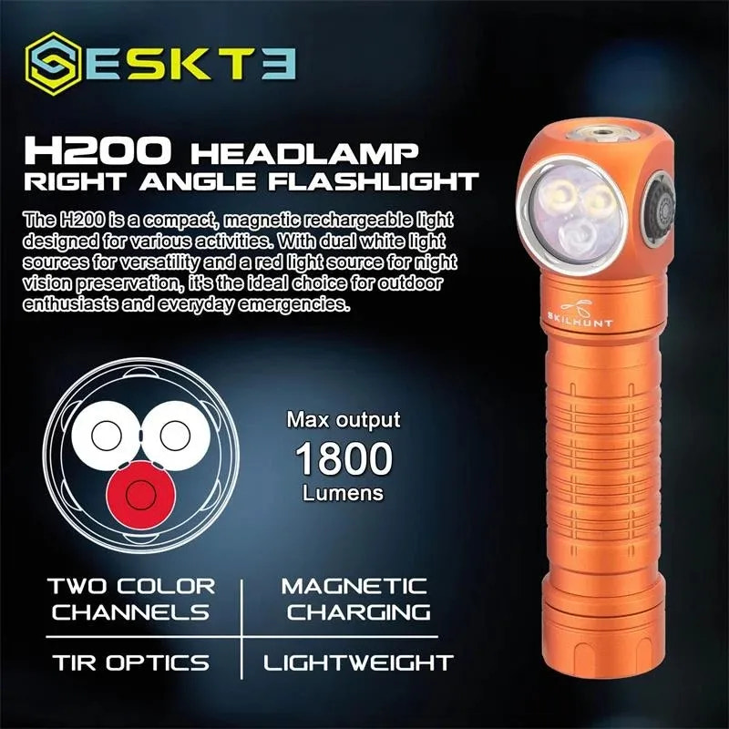 Skilhunt H200 headlamp with features and specifications on a dark background