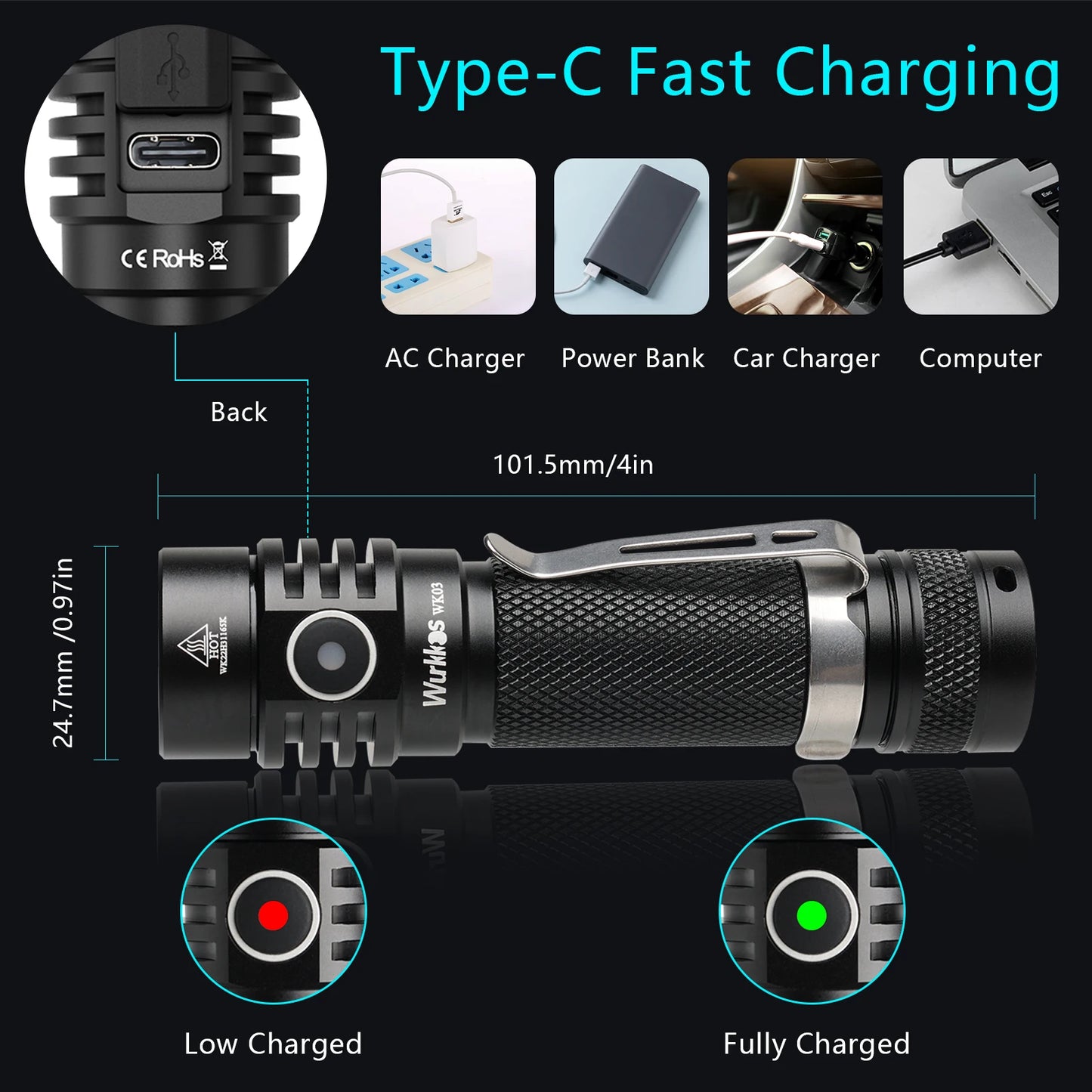 Black flashlight with charging options and features on a dark background