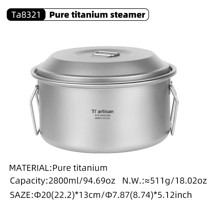 Pure titanium steamer with capacity details on a white background